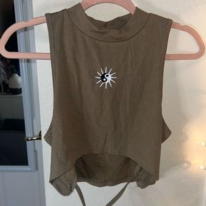 Mock Neck Rip-Knit Tank Top | Crop | Front Tie | L/XL | Ying Yang Design